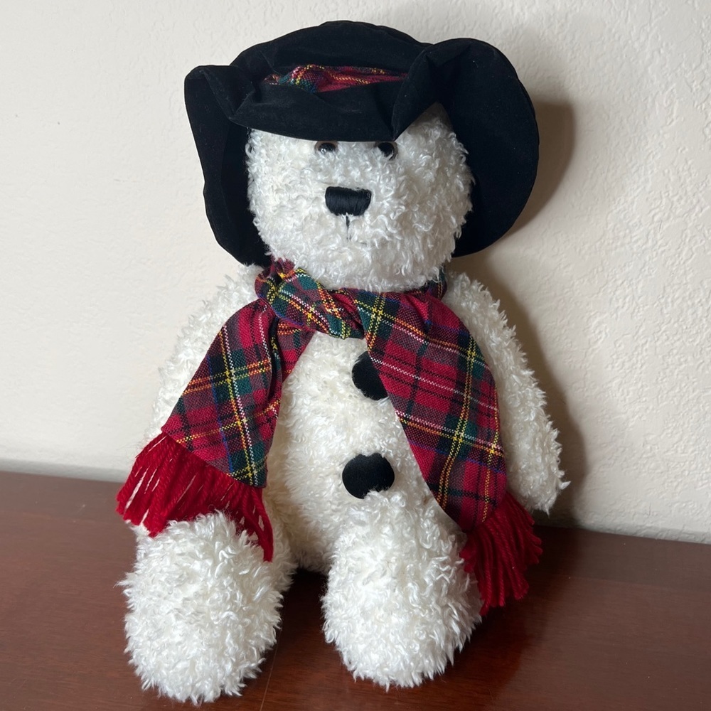 MTY International White Shaggy Bear Red Plaid Scarf Black Felt Plaid Hat Pom-pom